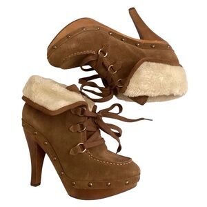 Guess 9 Suede Ankle Women’s Boots Chunky Heels Retro 70s Lace Up Faux Fur Brown